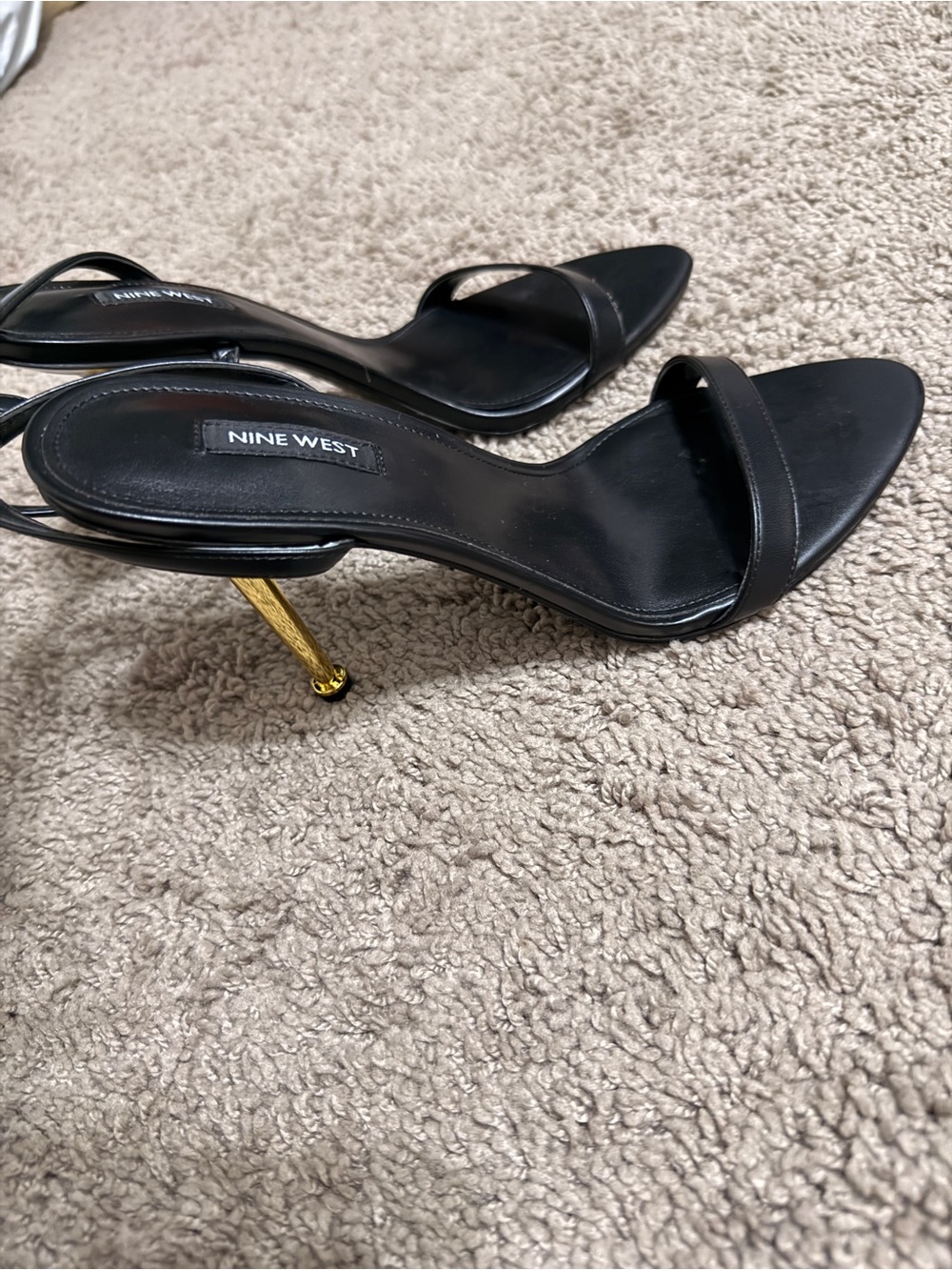 Nine West Black Open-Toe Strappy Heels with Gold Stiletto Size 10